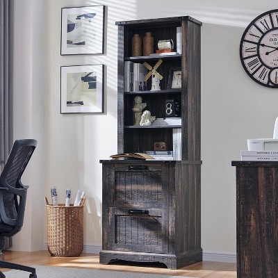 Farmhouse Bookshelf with 2 Large File Drawers, 72" Tall Bookcase with Storage,  4 Tier Rustic Wood Bookshelf for Home, Living Room