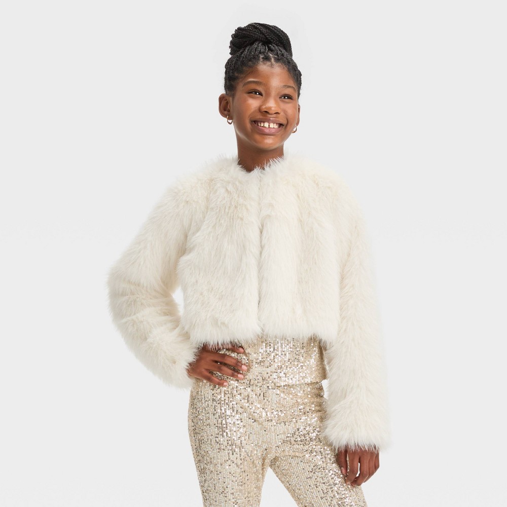 Girls' Faux Fur Cropped Jacket - art class™ White XL -  89316627