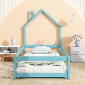 CAVINAS Kids Montessori Bed with House-Shaped Headboard,Floor Bed with Armrest,Twin Size,Gray/White/Pink/Green/Blue/Brown - 1 of 4