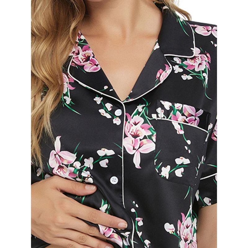cheibear Women's Floral Button Down Shirt Shorts Satin Pajama Set 2 Pcs, 4 of 6