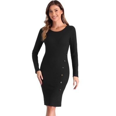 INSPIRE CHIC Women's Round Neck Long Sleeve Button Decor Ribbed Knit Sweater Dress