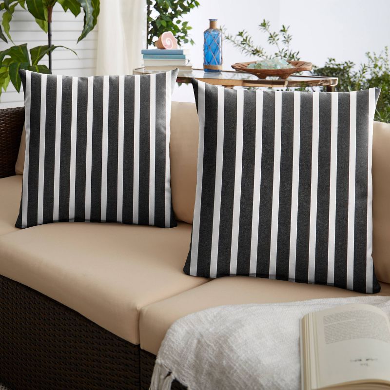 2pk Sunbrella Stripe Outdoor Square Throw Pillows Black/White, 2 of 4