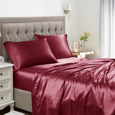 4PC Set Queen Flat Bed Sheets Satin Soft Silk Luxury Bedding