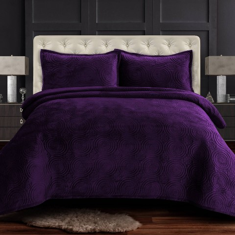 Tribeca Living Queen Capri Medallion Velvet Oversized Quilt Bedding Set Purple