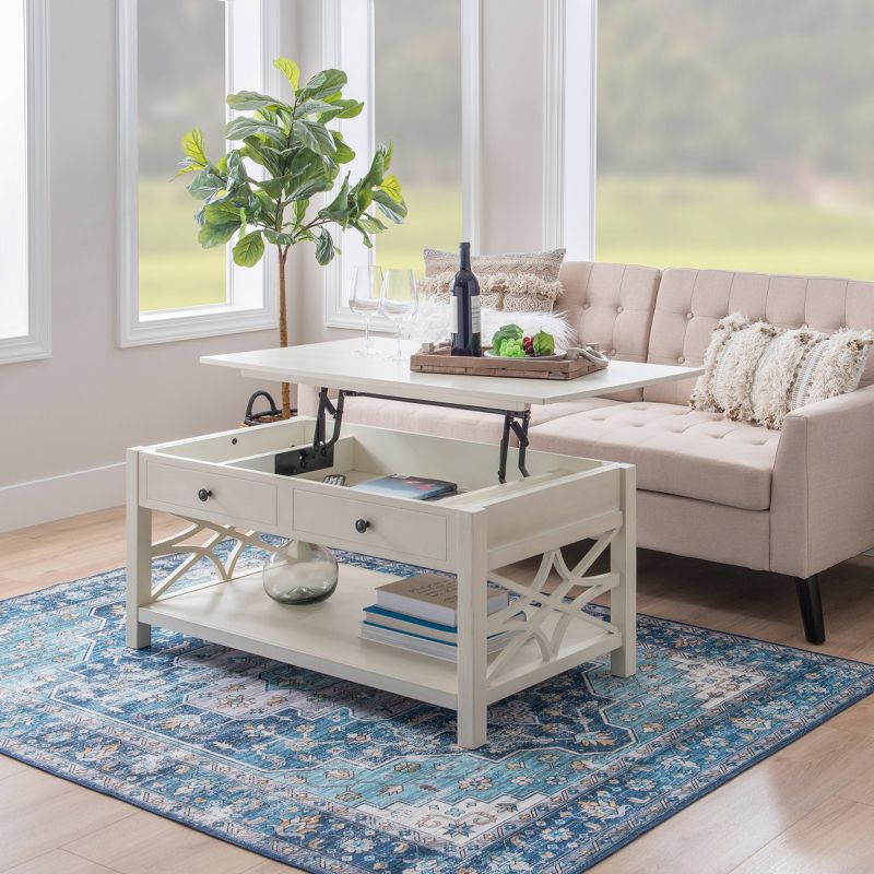 Whitley Traditional Lift Top Coffee Table with Storage and Bottom Shelf in Antique White Finish - Linon, 3 of 17