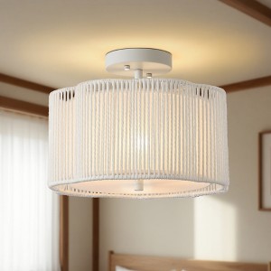DORESshop 13 in. 3-Light White Rustic Semi Flush Mount with Handwoven Rattan Flower Shade, Boho Light for Living Room Bedroom - 1 of 4