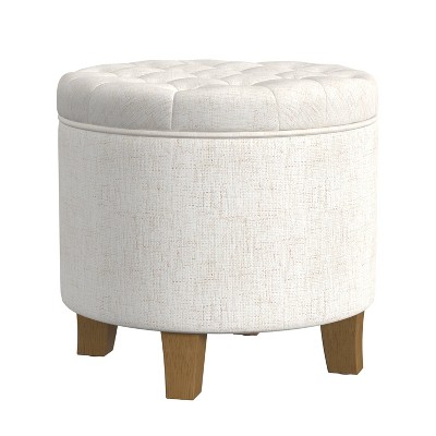 Cream Tufted Round Storage Ottoman with Wooden Legs