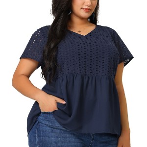 Agnes Orinda Women's Plus Size Contrast Panel Eyelet V Neck Elastic Back Short Sleeve Blouses - 1 of 4
