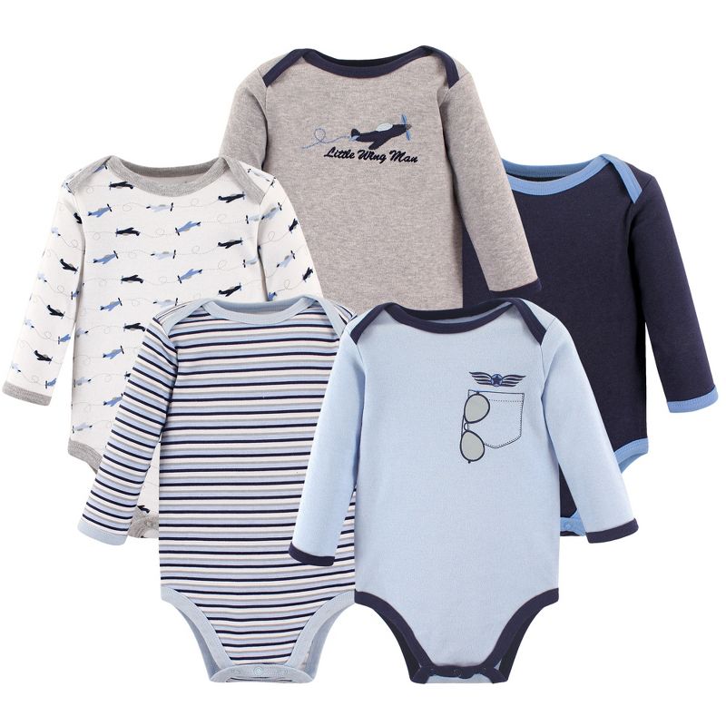 Luvable Friends Baby Boy Cotton Long-Sleeve Bodysuits 5pk, Airplane, 1 of 3