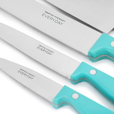 Teal Handle 7-Piece Stainless Steel Knife Set with Wood Block