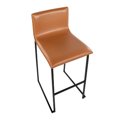 Elegant Mara 40" Black Metal and Camel Faux Leather Barstools, Set of 2