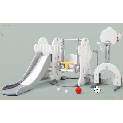 7 in 1 Toddler Slide and Swing Set, Kids Freestanding Slide Climber with Adjustable Swing and Basketball Hoop