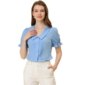 Allegra K Women's V Neck Pleated Short Sleeve V Neck Button Down Shirts - 1 of 4