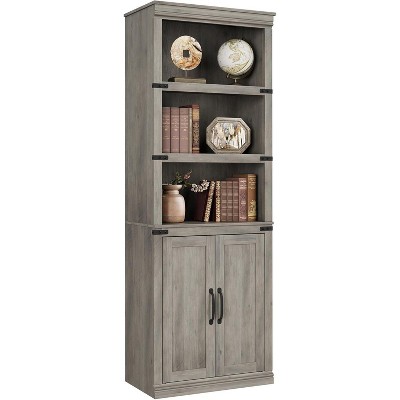 Farmhouse Book Case with Doors, 5 Tier Book Shelf with Cabinet, Wood 68.7" Tall 5 Shelf Book Case for Living Room, Home Office