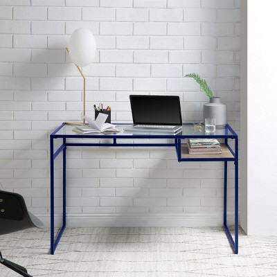 INFURNIC Writing Desk Modern Desk with 5mm Glass Top and Functional Storage Shelf for Office, Blue, 24"*48"*31"