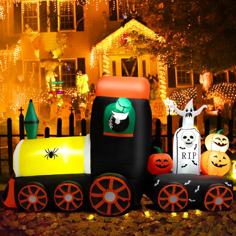 Tangkula 8 FT Long Halloween Inflatable Decoration w/ LEDs Inflatable Train w/ Pumpkins Ghost Skeleton Indoor Outdoor Halloween Decor, 3 of 11