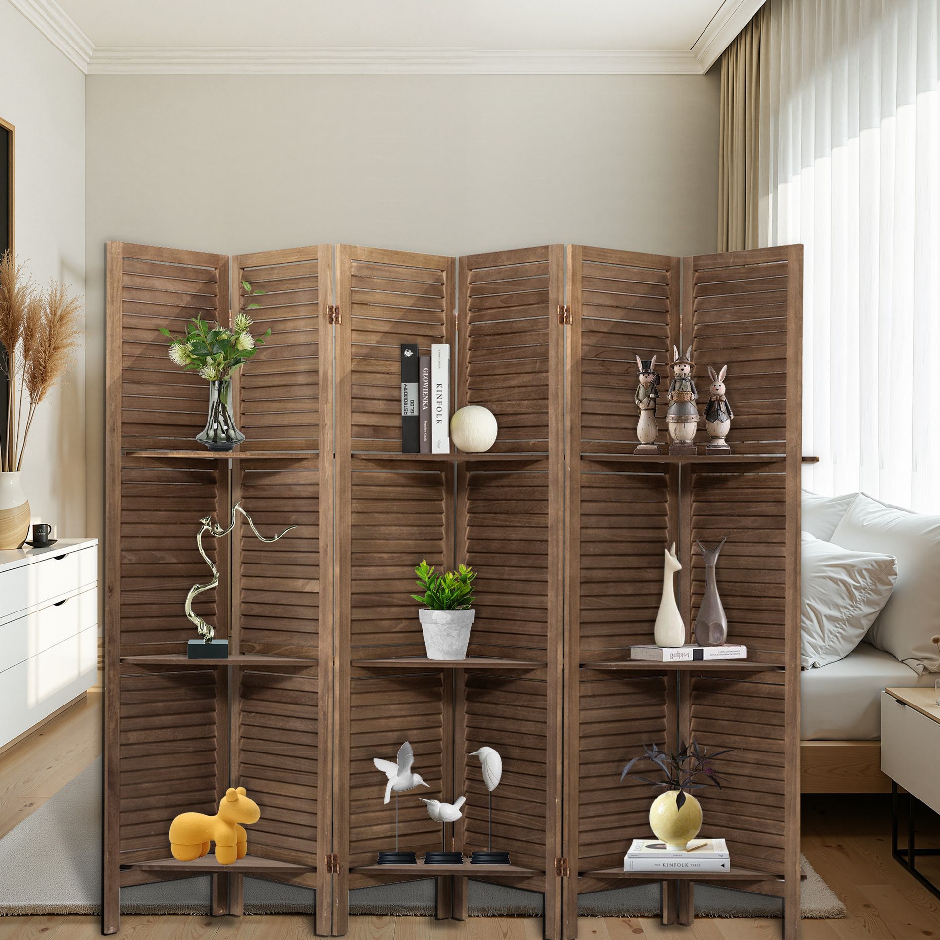 Wooakway Foldable Wood Room Divider with Display Shelves Freestanding Privacy Screen Panel for Bedroom Living Room Multi Functional Storage Partition