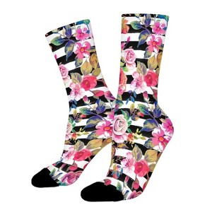 Spring Floral And Stripes Women Printed Crew Socks Funny Funky Socks Soft Polyester Novelty Gifts for Artists Men - 1 of 1