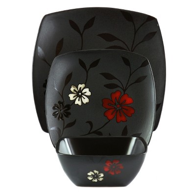 Evening Blossom Black Floral Ceramic Square Dinnerware Set, Service for 4