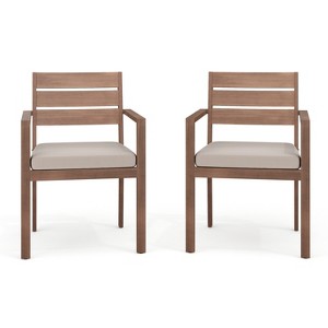 Martha Stewart Bedford Set of 2 Indoor-Outdoor Stackable Patio Dining Armchairs with Brushed Woodgrain Aluminum Finish and All-Weather Seat Cushions - 1 of 4
