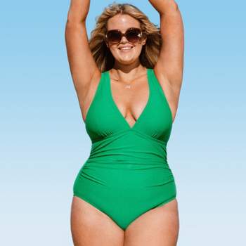 Women's Plus Size One Piece Swimsuit  Deep V Neck Ruched Self Tie Bathing Suit -Cupshe - Green