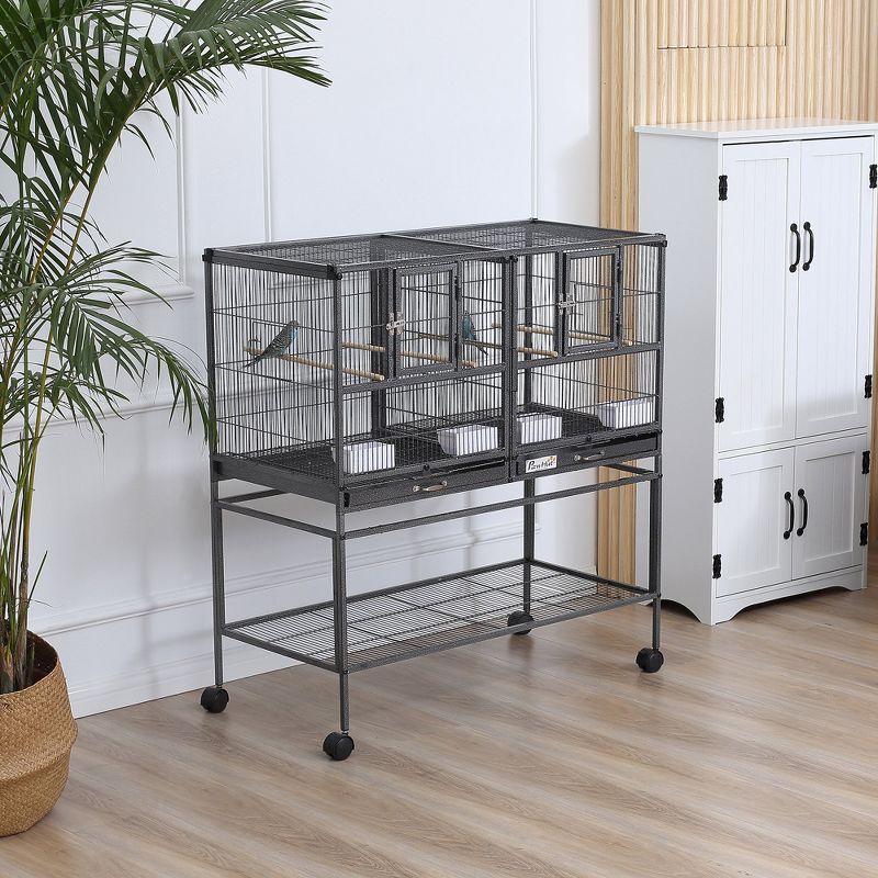 PawHut Double Bird Cage with Rolling Stand Removable Metal Tray, Storage Shelf, Wood Perch, and Food Container, 3 of 9