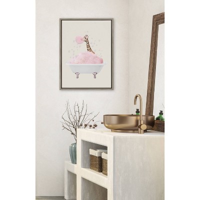 Gray Framed Canvas Wall Art with Giraffe in Bath, 18x24