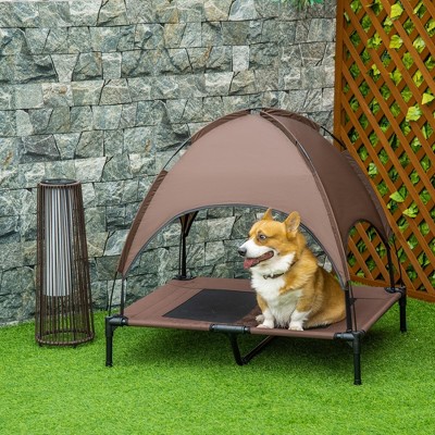 Coffee Brown Elevated Dog Cot with Canopy Shade, 36 inch