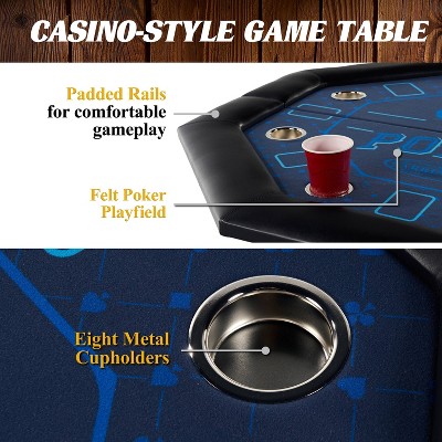 48'' Octagonal Blue Felt Poker Table with Folding Legs and Drink Holders