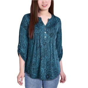 NY Collection Womens Printed Pintuck Henley Shirt - 1 of 1