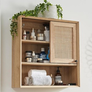 Natural Rattan Bathroom Wall Cabinet with Sliding Door, Wood Hanging Cabinet with Adjustable Shelves, Over The Toilet, Bathroom Wall Cabinet, Beige - 1 of 4