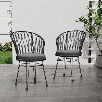 Grungis Outdoor Dining Chairs Set of 2 with Cushions, Boho Industrial PE Rattan Chairs with Hairpin Legs,All-Weather Patio Seating,Gray