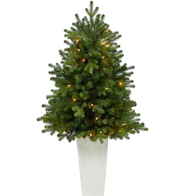 Nearly Natural 3.5-ft Washington Fir Artificial Christmas Tree with 50 Clear Lights in Tower Planter, Green