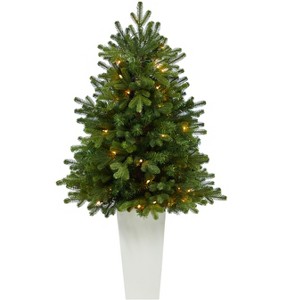 Nearly Natural 3.5-ft Washington Fir Artificial Christmas Tree with 50 Clear Lights in Tower Planter, Green - 1 of 4