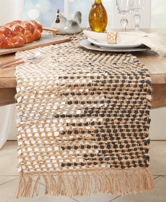 Handwoven Jute and Leather Two-Tone Table Runner