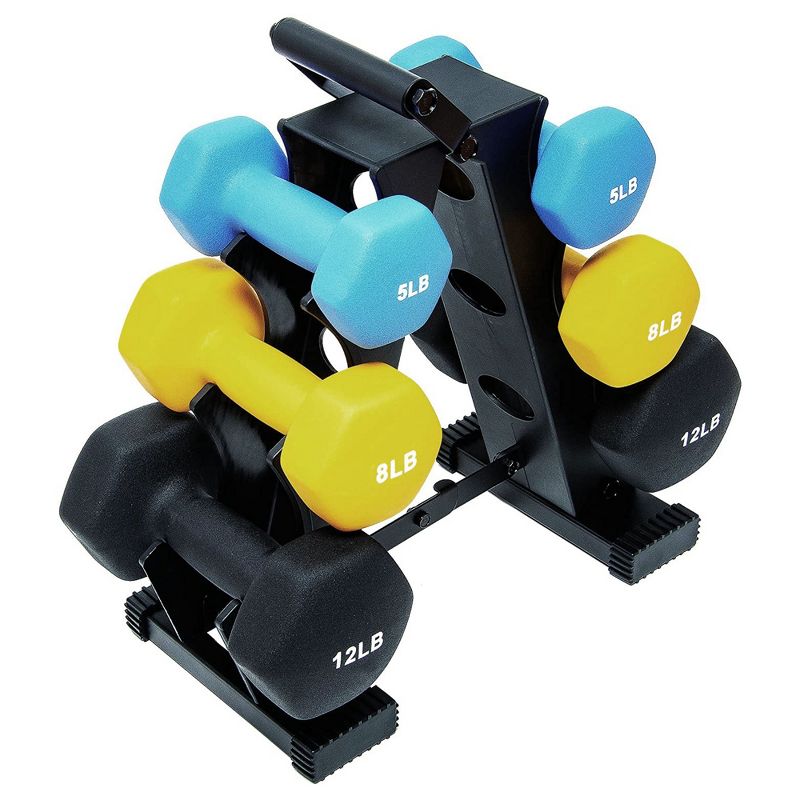BalanceFrom Fitness 3 Pair Neoprene Coated Iron Hexagon Shaped Dumbbell Weight Set with 5, 8, and 12 Pound Hand Weights, Stand, and Assembly Tool, 4 of 7