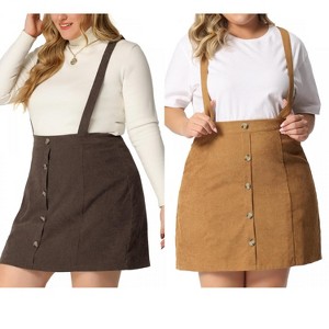 Agnes Orinda Women's Plus Size Button Up Flare Corduroy Suspender Elastic Back A-Line Mini Skirt - 1 of 4