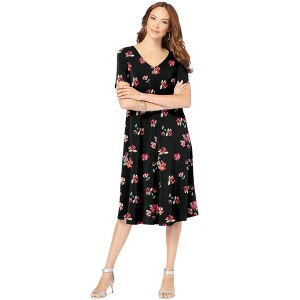 Roaman's Women's Plus Size Ultrasmooth V Neck Swing Dress - 1 of 4