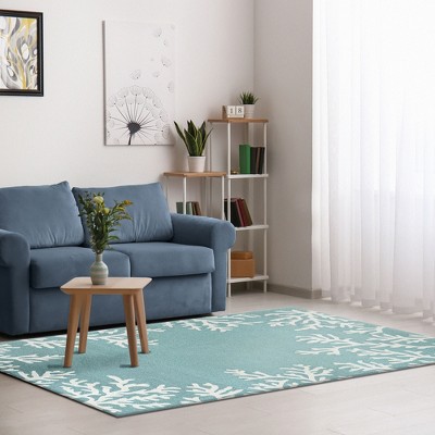 Handmade Coral Border Aqua Tufted Wool Blend Rug