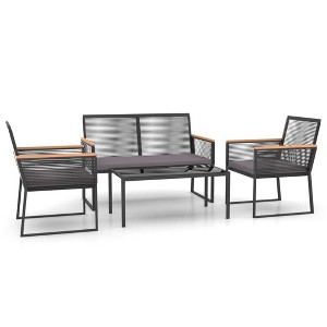 vidaXL 4 Piece Patio Lounge Set - Black Steel and Plywood, Comfortable Garden Chair with Thick Cotton Cushions, Modern Design, Rectangular Table - 1 of 4