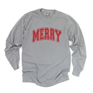Simply Sage Market Women's Merry Varsity Thick Outline Long Sleeve Garment Dyed Tee - 1 of 4