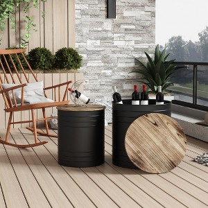 2Pcs Farmhouse Side Table With Storage, Round Wood Lid Rustic Storage Ottoman Seat Stool, Steel Storage Bin, Accent Cocktail Table - 1 of 4
