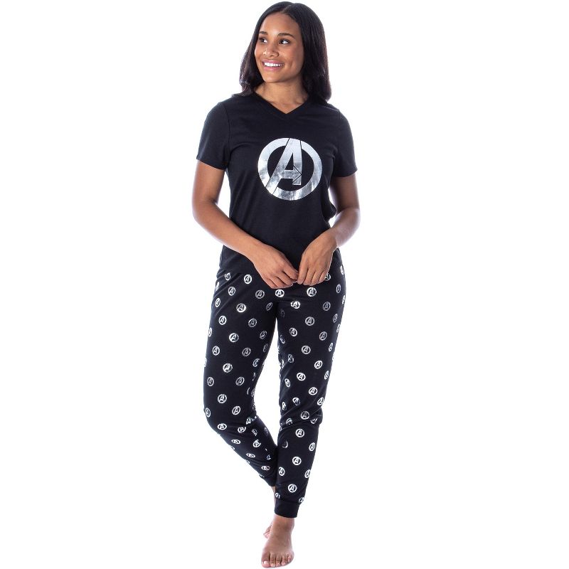 Marvel Women's Avengers Silver Foil Logo 2 Piece Jogger Pajama Set Black, 1 of 5