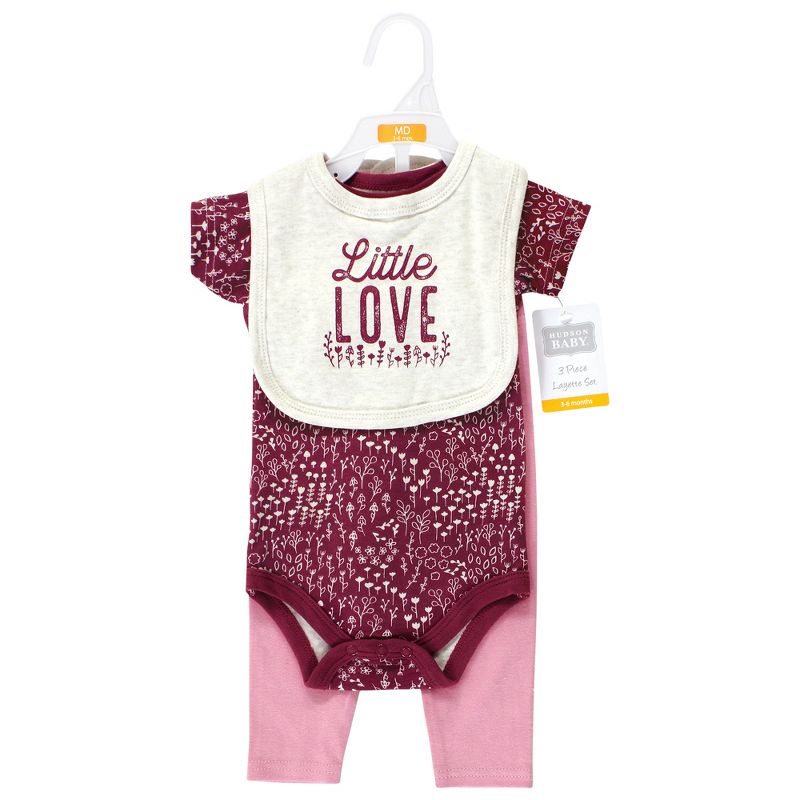 Hudson Baby Infant Girl Cotton Bodysuit, Pant and Bib Set, Little Love Flowers, 2 of 6