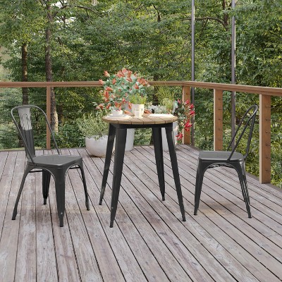 Brown Poly Resin Round Dining Table with Black Steel Base