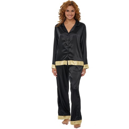 ADR Women's Classic Satin Pajamas Set with Pockets, Short Sleeve PJs Black  Large