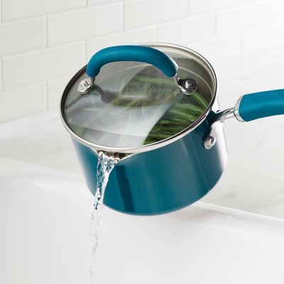 Teal 2-Quart Aluminum Nonstick Straining Saucepan with Glass Lid