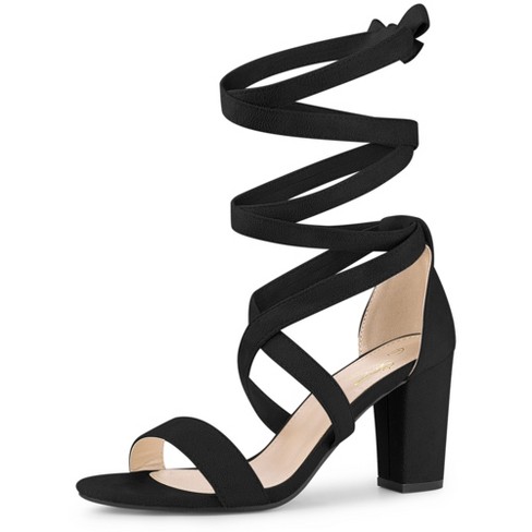 Perphy Crisscross Lace Up Mid Block Heels Sandals for Women Black 8