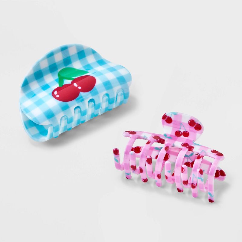 Girls&#39; 2pk Claw Clips Cherry Gingham - Cat &#38; Jack&#8482; Blue/Pink, 1 of 4