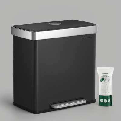 Kitchen, 16 Gallon (2 x 8 Gallon) Dual Compartment Garbage Can, 60L Pedal Recycling Bin, Stainless Steel, 15 Trash Bags Included